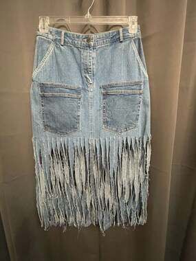 L.L. Bean Blue Denim Skirt with Fringe Hem